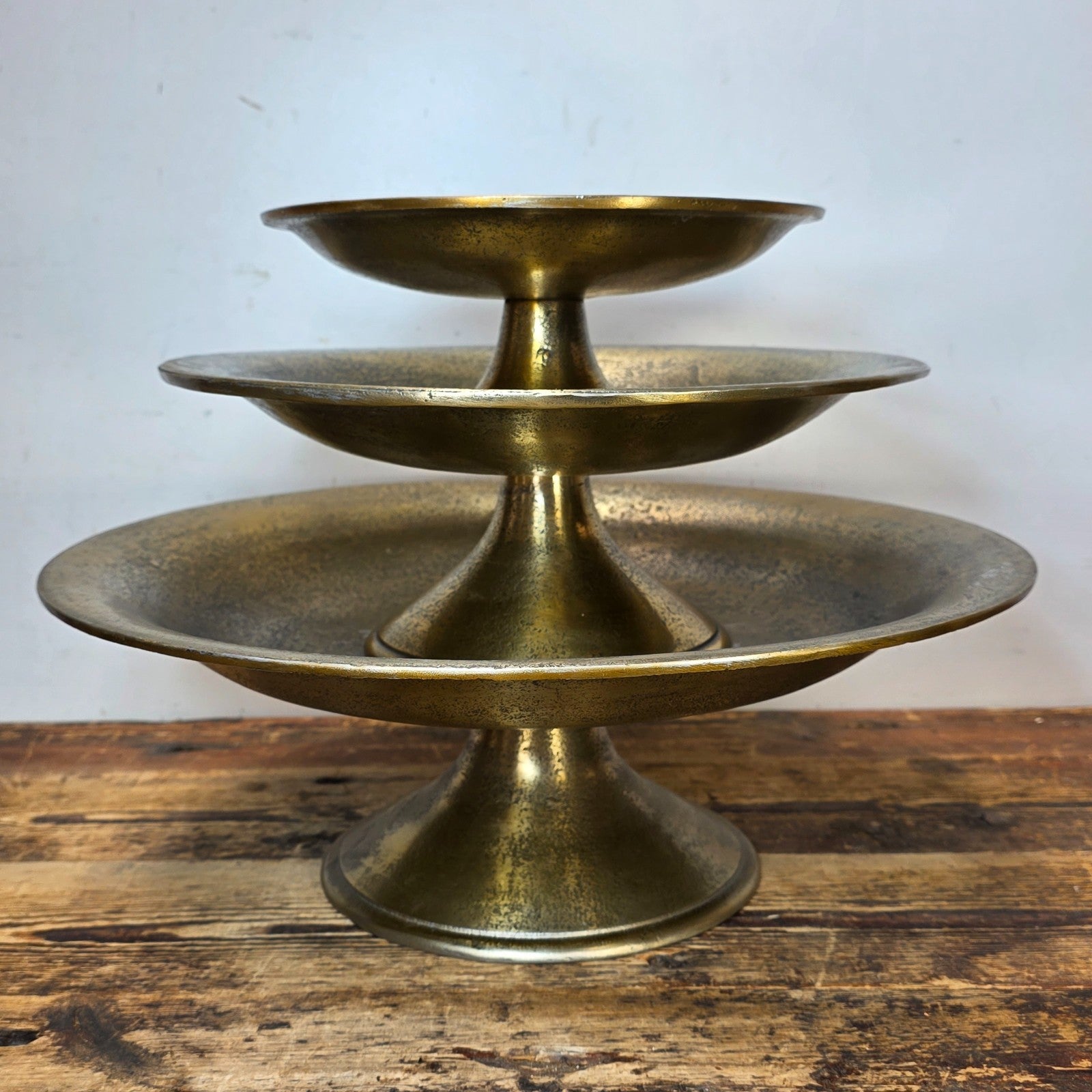 Set of 3 Gold Pedestal Display Dishes — Cast Aluminum, Textured Finish