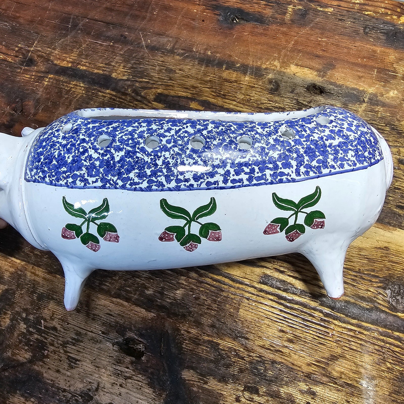 Vintage Hand Painted Pottery Pig Candle Holder (Damaged) 12.5"L x 4.5"W x 5.5"H