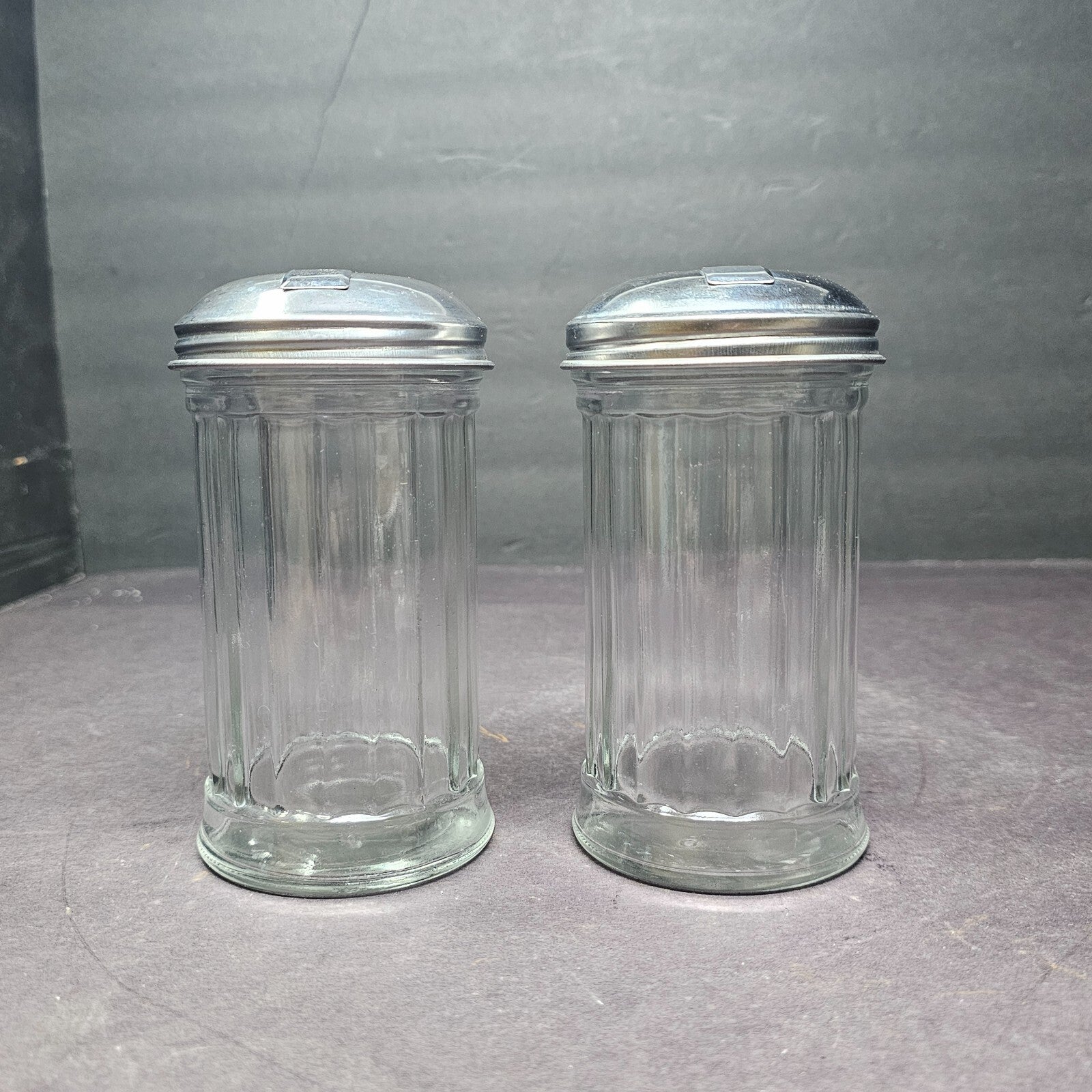 Set of 2 Side Flap Top Sugar Dispenser Glass Jar Vintage 3" D x 5.5" H