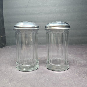 Set of 2 Side Flap Top Sugar Dispenser Glass Jar Vintage 3" D x 5.5" H