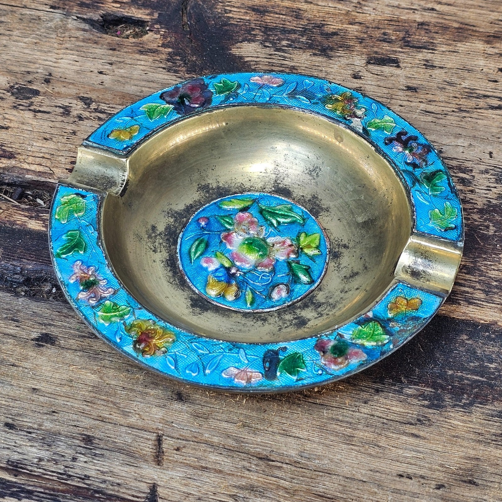 Vintage Chinese Cloisonné Enamel & Brass Ashtray | Ornate Floral Motif 5.25"
