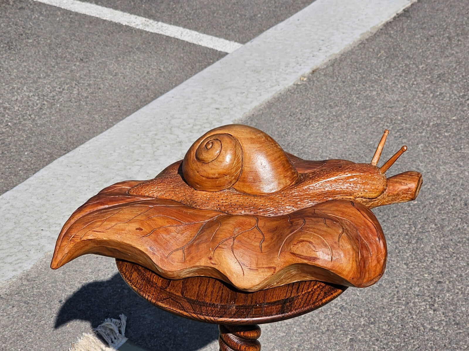 Handcrafted Wooden Snail on Leaf Sculpture Signed 19"L x 11"W x 5.5"H