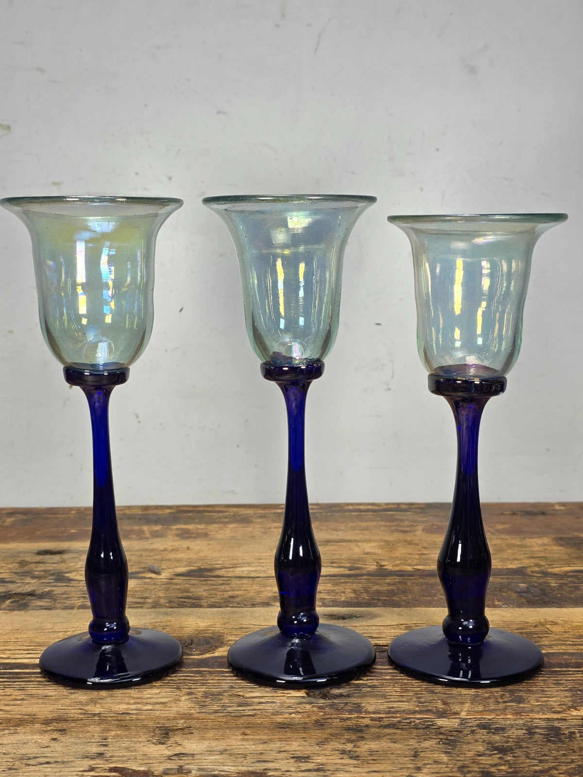 Set of 5 Rick Strini Art Glass Goblets Iridescent & Cobalt Blue Signed c.1970s