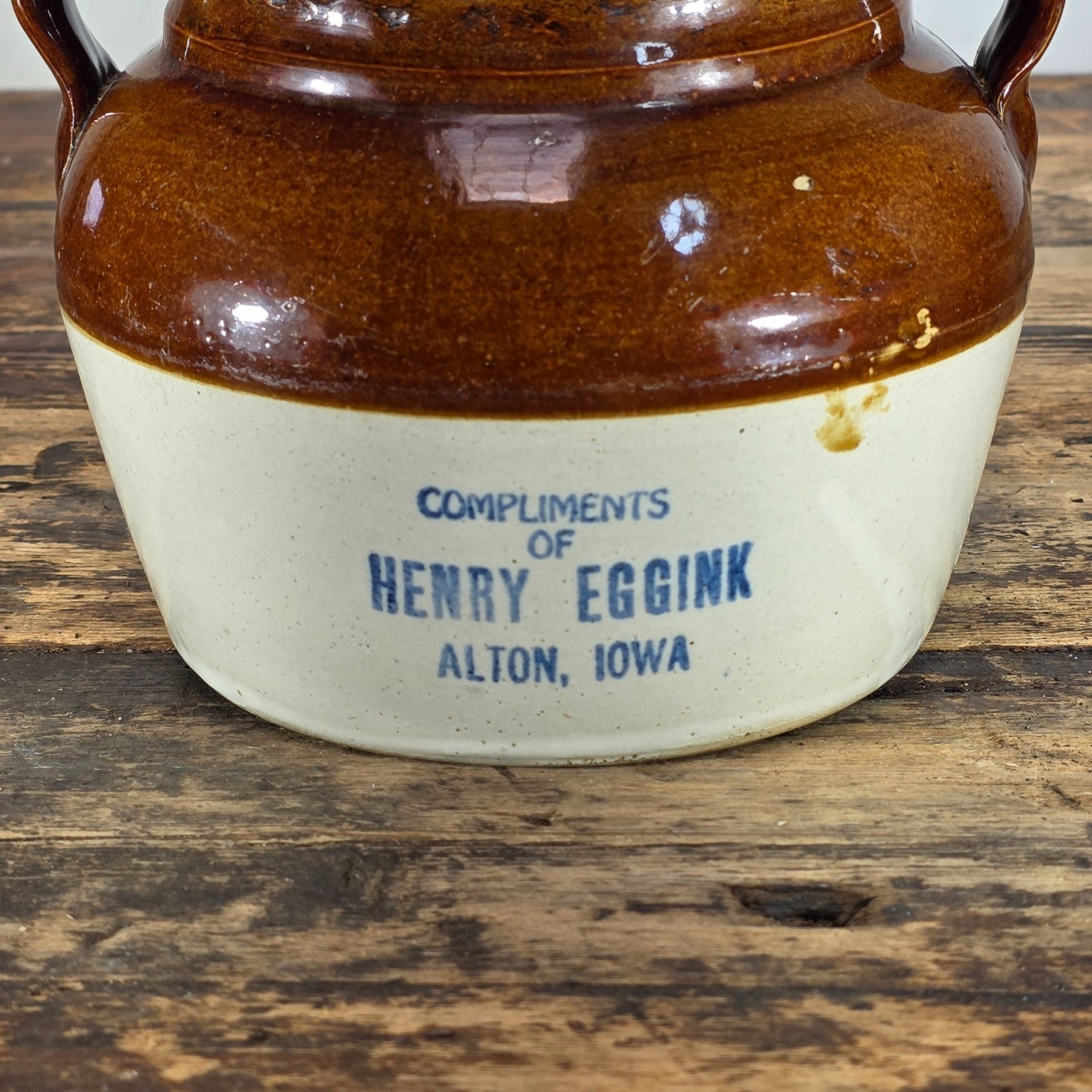 Red Wing Stoneware Advertising Bean Pot w/ Lid Henry Eggink Alton Iowa 1930's