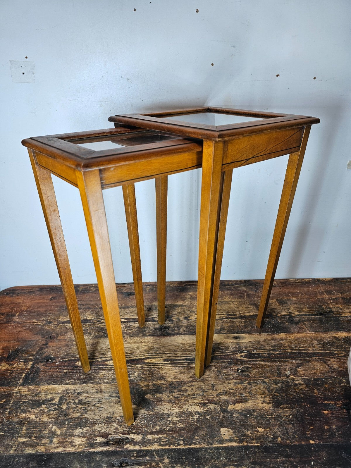 Antique 1920s FLINT & HORNER Hand-painted Nesting Tables with Pencil Post Legs