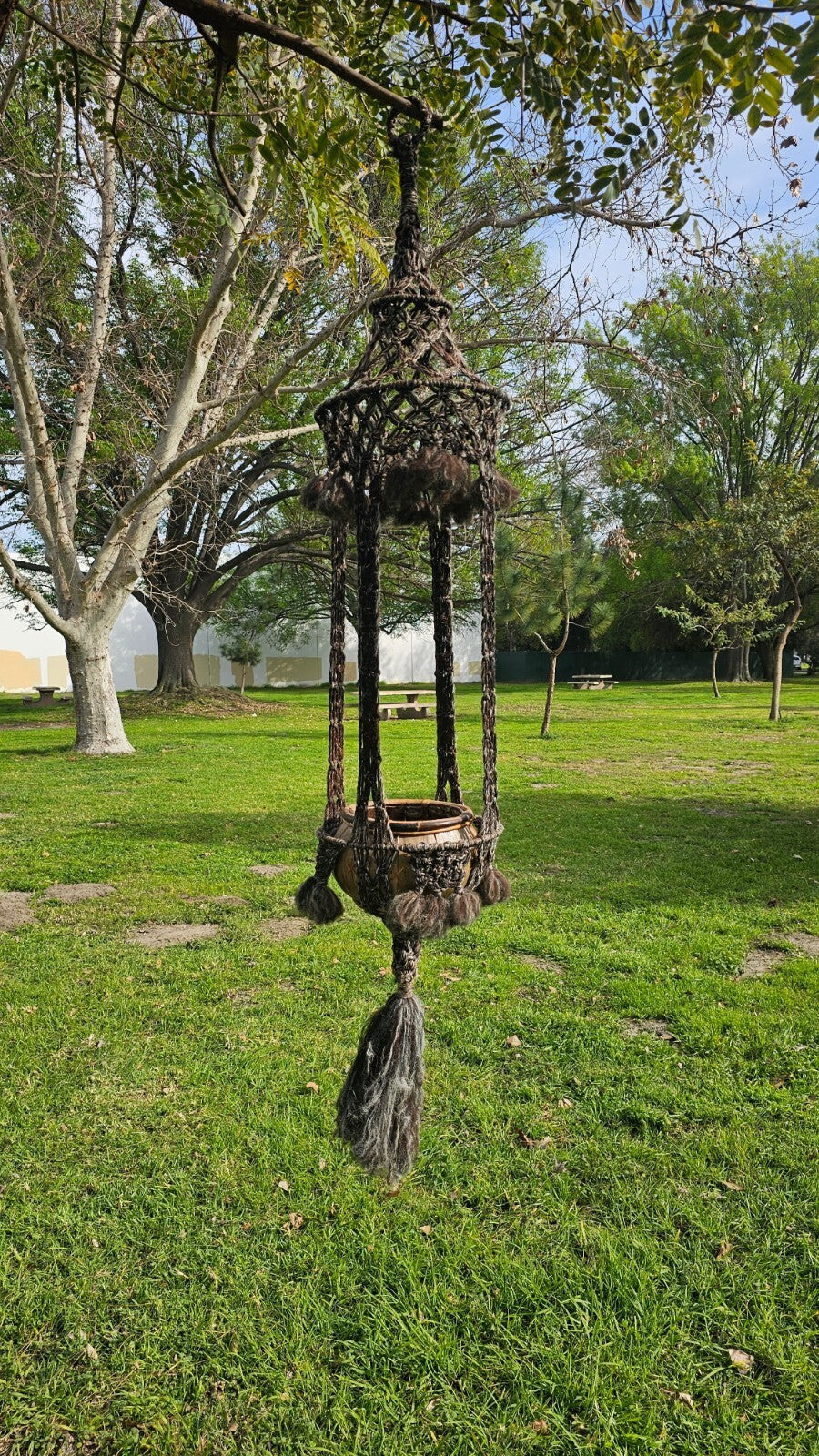 Macrame Wool Yarn Hanging Plant Holder With Ratten Bamboo Planter Boho 68" H