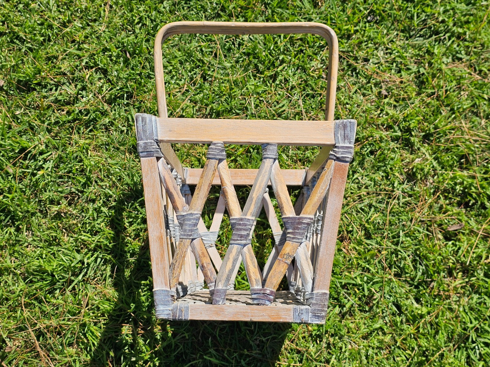 Wood & Rattan Leather Thong Wrapped Boho Style Basket  18"L x 11"W  x 18.5"H