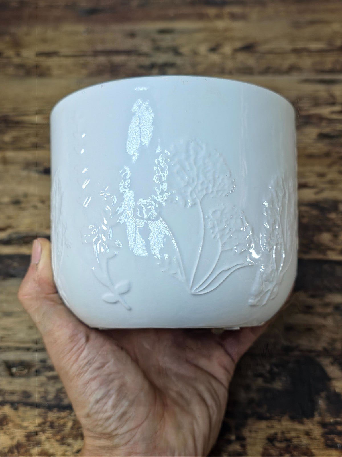 Modern White Ceramic Planter with Embossed Floral Pattern — Small, Made in USA