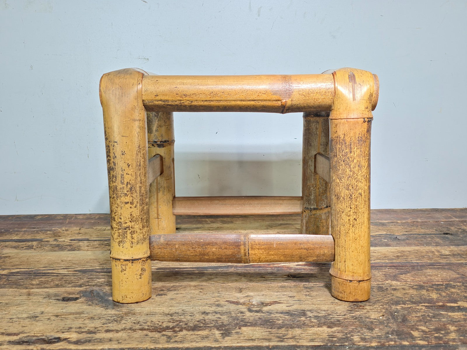 Vintage Boho Bamboo Footstool | Mid-Century Rattan Plant Stand | Tiki Decor