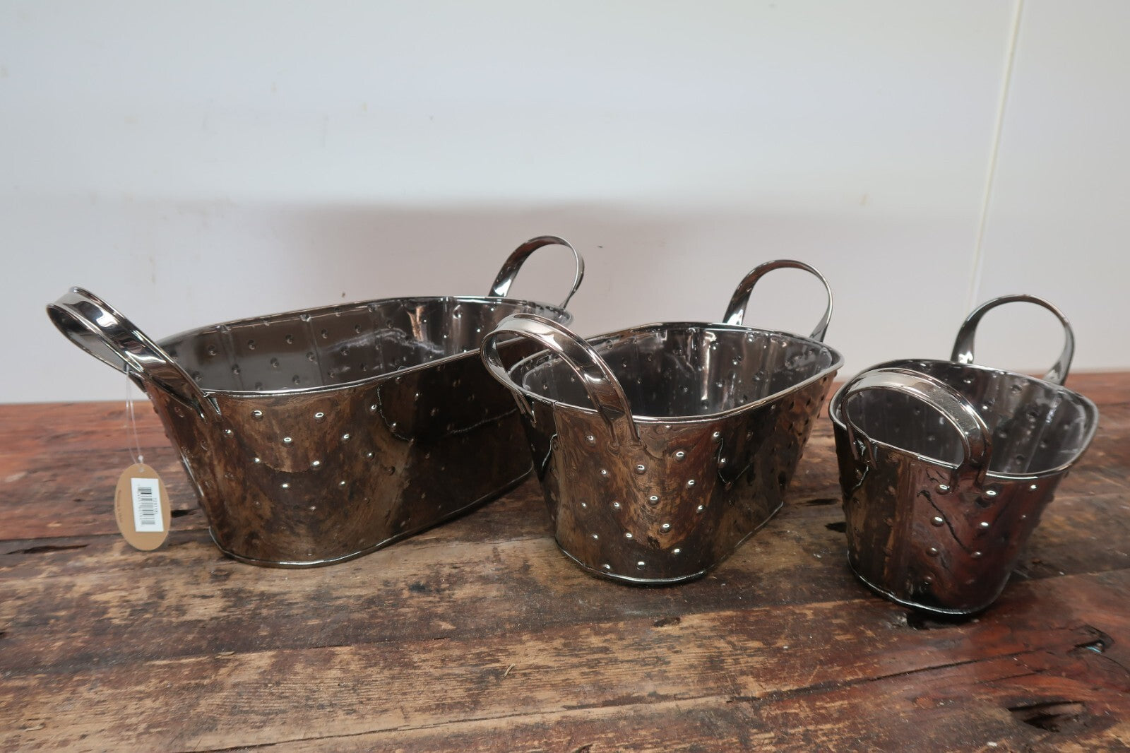 Metal Oval Planters Set of 3 Nested Smoke Metalic Planter With Handles