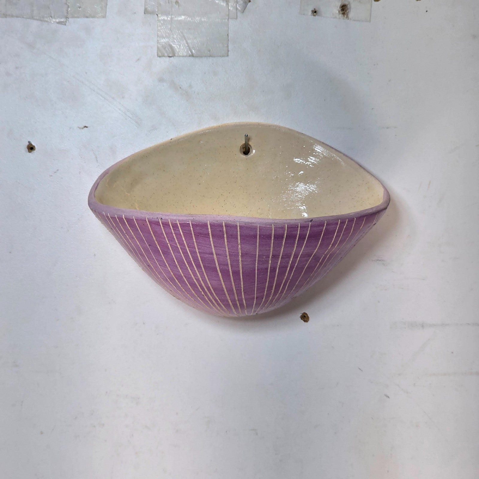 Handmade Terracotta Wall Pocket Wall Planter (Purple, Sgraffito Vertical Lines)