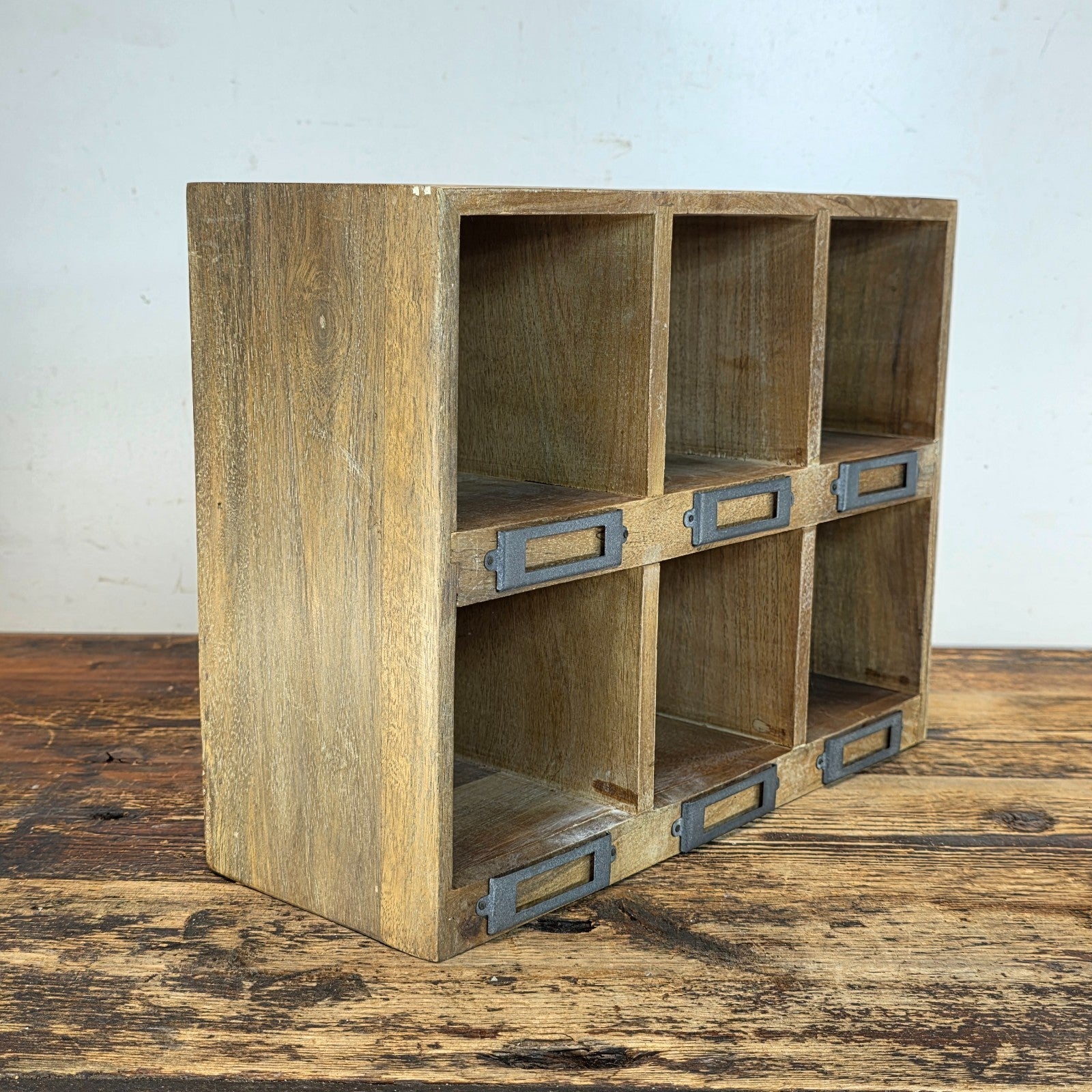 Rustic Wood 6-Cubby Wall Shelf / Desktop Organizer with Metal Label Holders