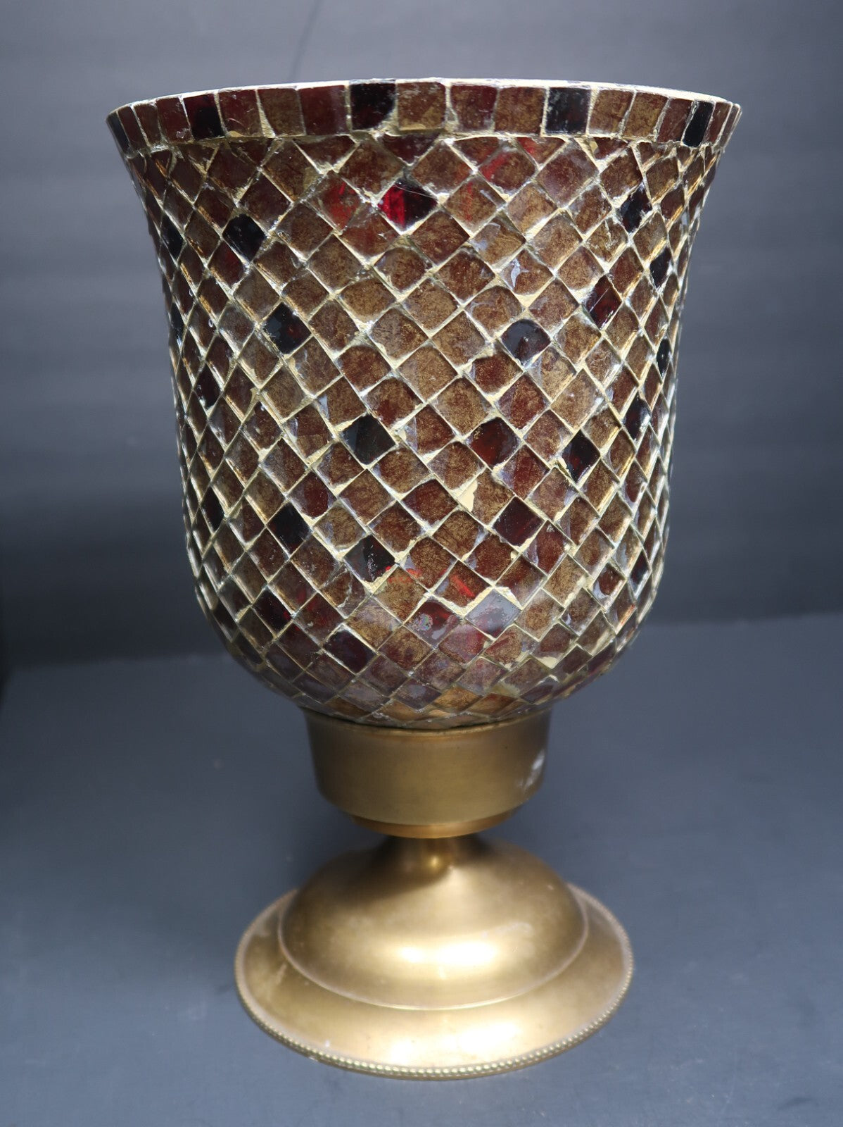 Mosaic Hurricane Candle Holder Stained Glass Brass Base 11”
