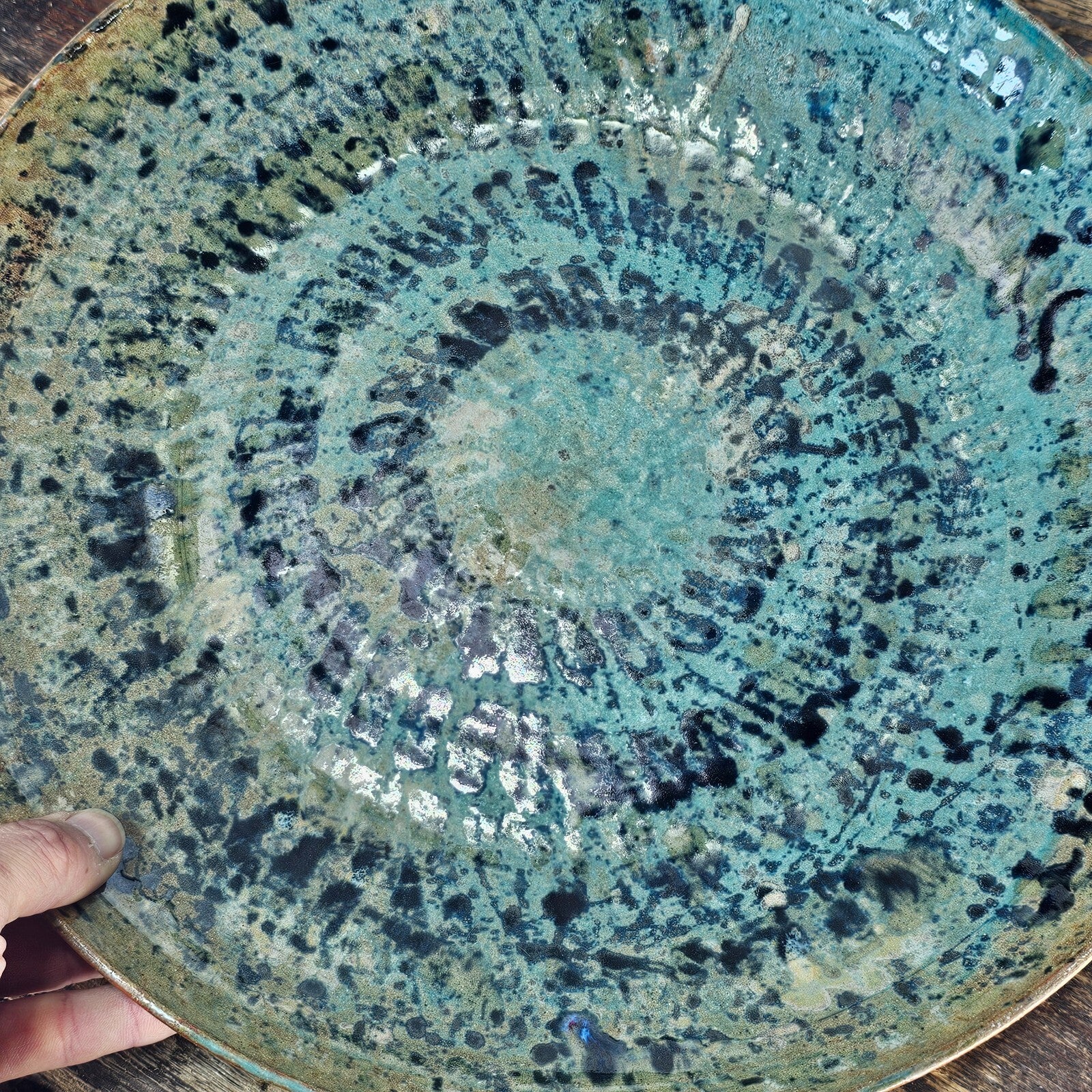 Studio Art Pottery Signed Shallow Dish Turquoise Starburst Glazed Plate 12.5"
