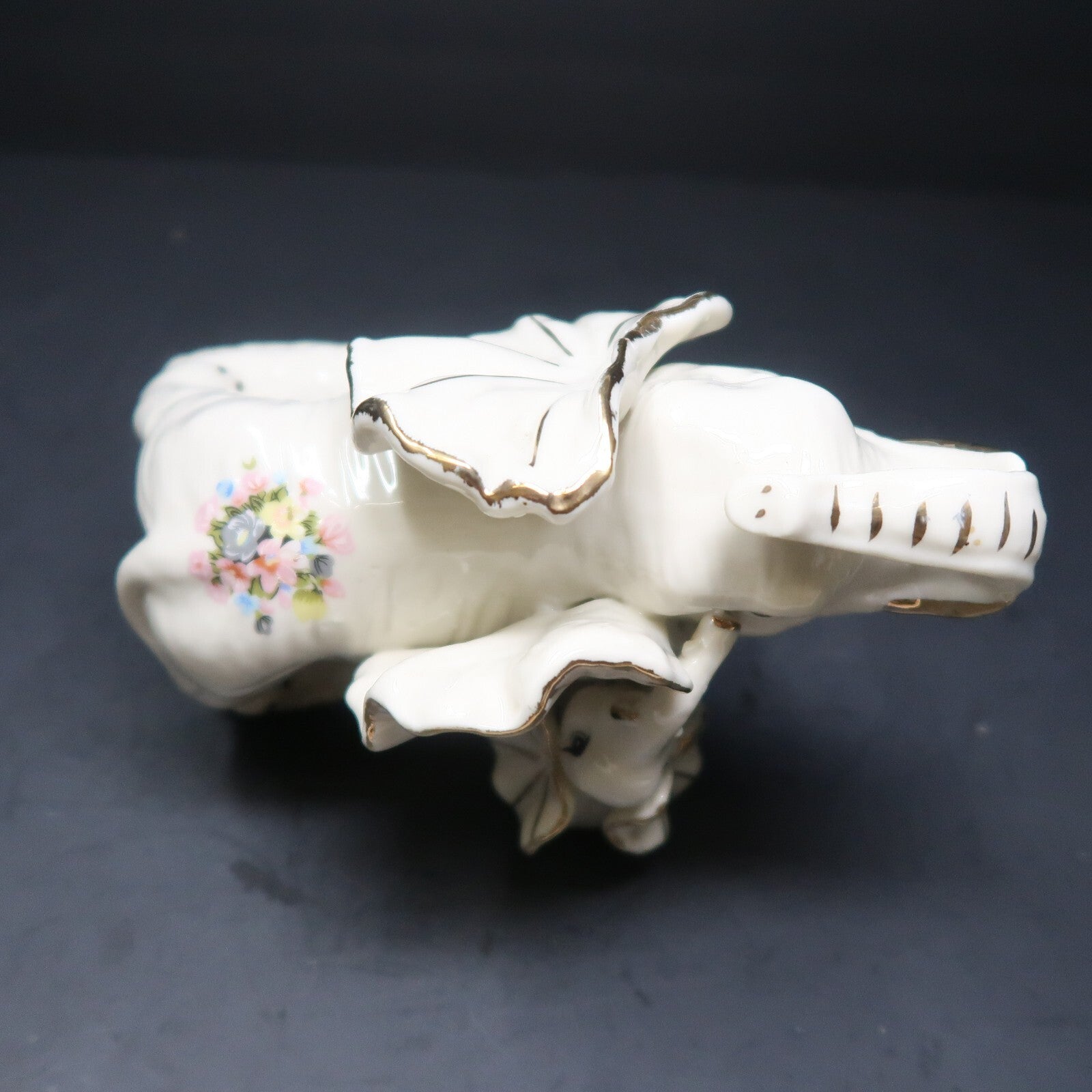 Elephant Mother & Baby White Porcelain Floral Figurine Gold Accents