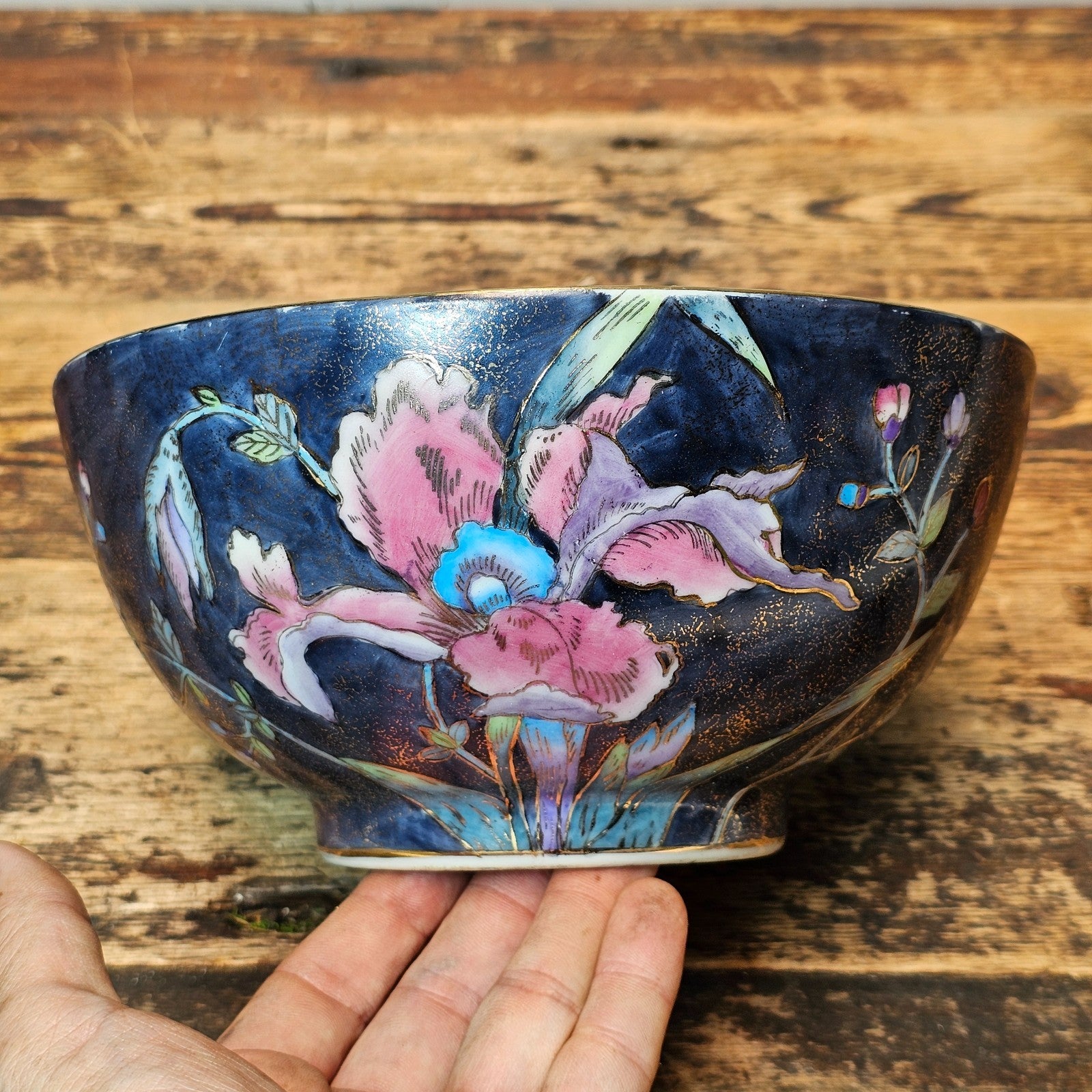 Vintage Chinese Export Ware Porcelain Bowl with Hand-Painted Iris & Gold Leaf