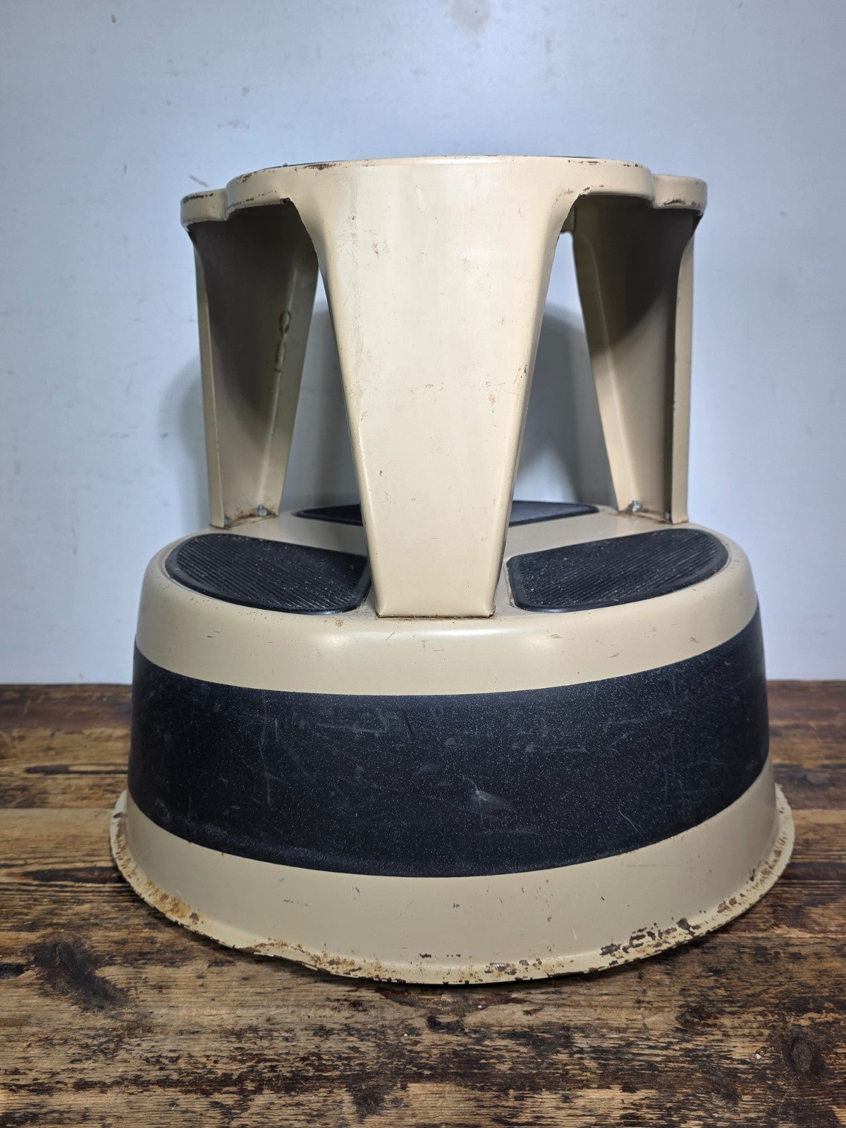 Vintage KIK-STEP Rolling Step Stool Beige Black Industrial 1980s USA