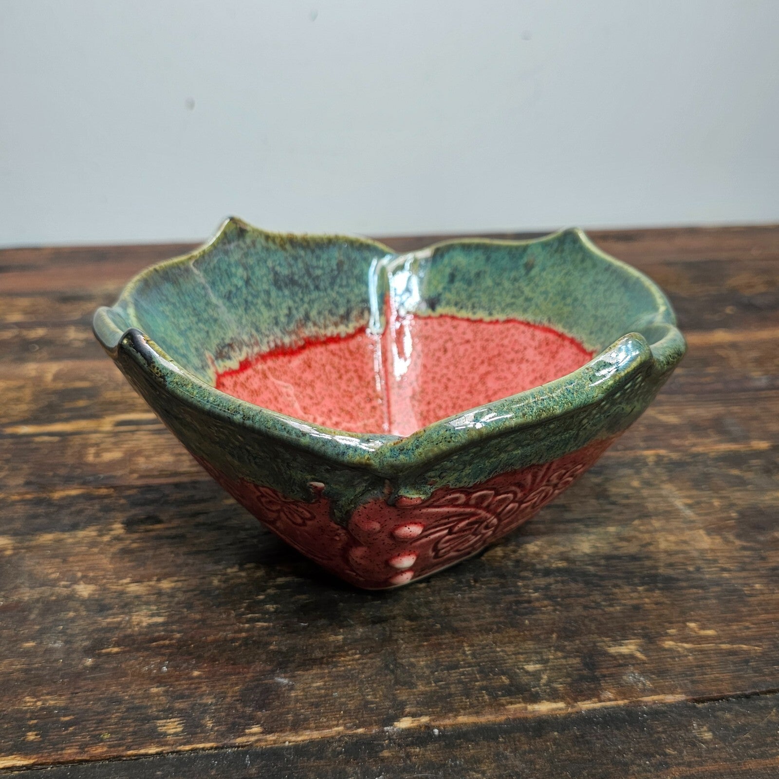 Hand Crafted Pottery Nut Bowl Dish Floral Design 7.5" L x 7.5" W x 3.75" H