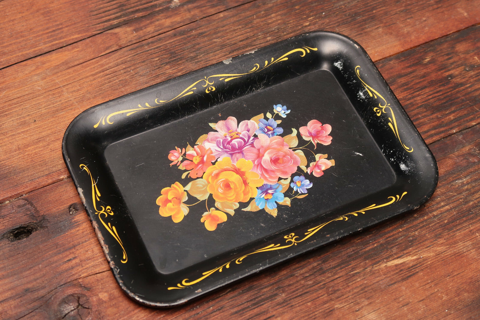 Vintage Small Metal Tray Trinket Tray Floral Print Black 6.5" x 4.5"