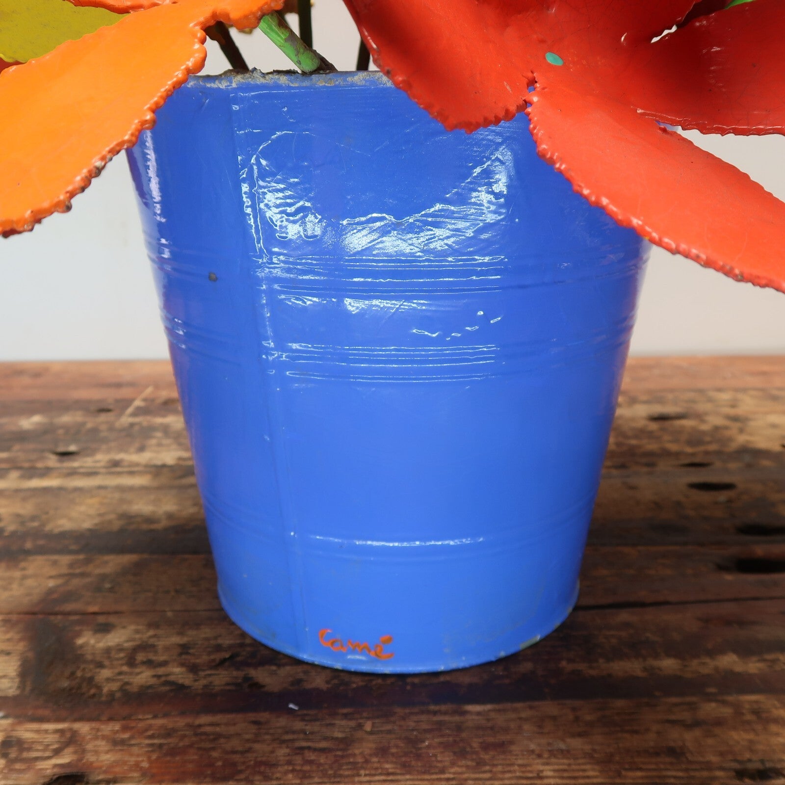Colorful Iron Flowers In Blue Metal Bucket Garden Yard Sculpture Signed