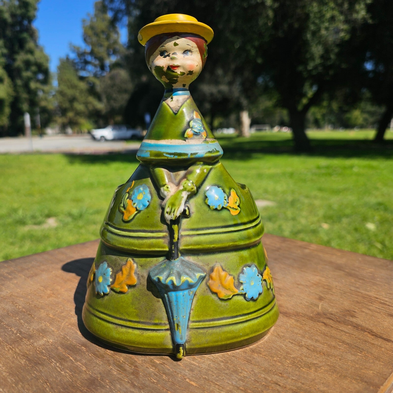 Vintage Ceramic Planter Women With Yellow Hat Holding Umbrella Lego Japan