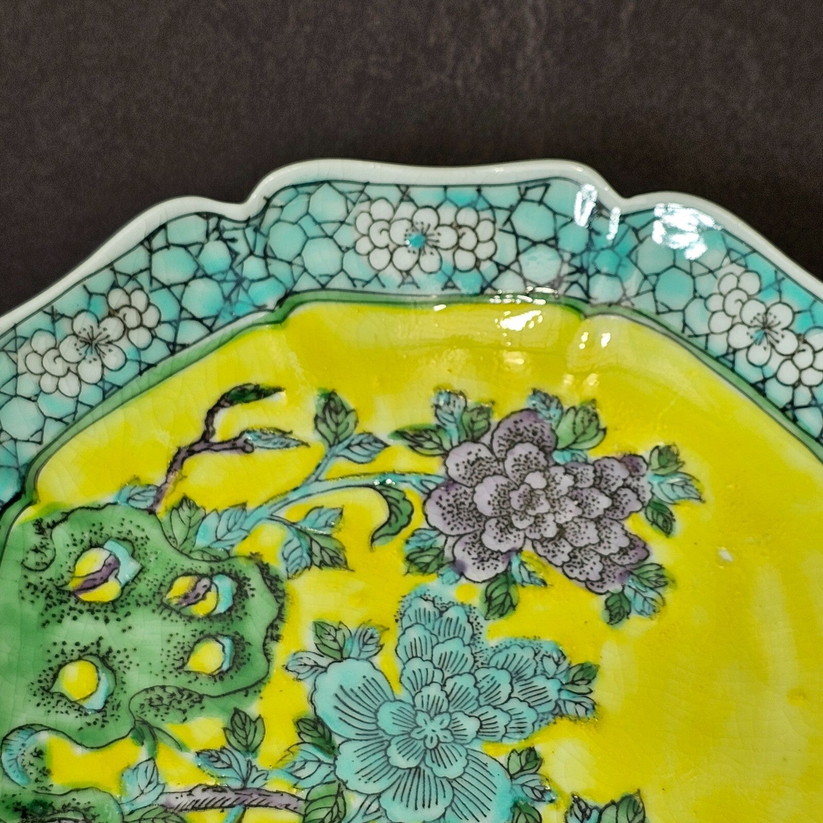 Vintage Hong Kong Hand-Painted Floral Octagonal Ashtray 6.25" x 6.25"