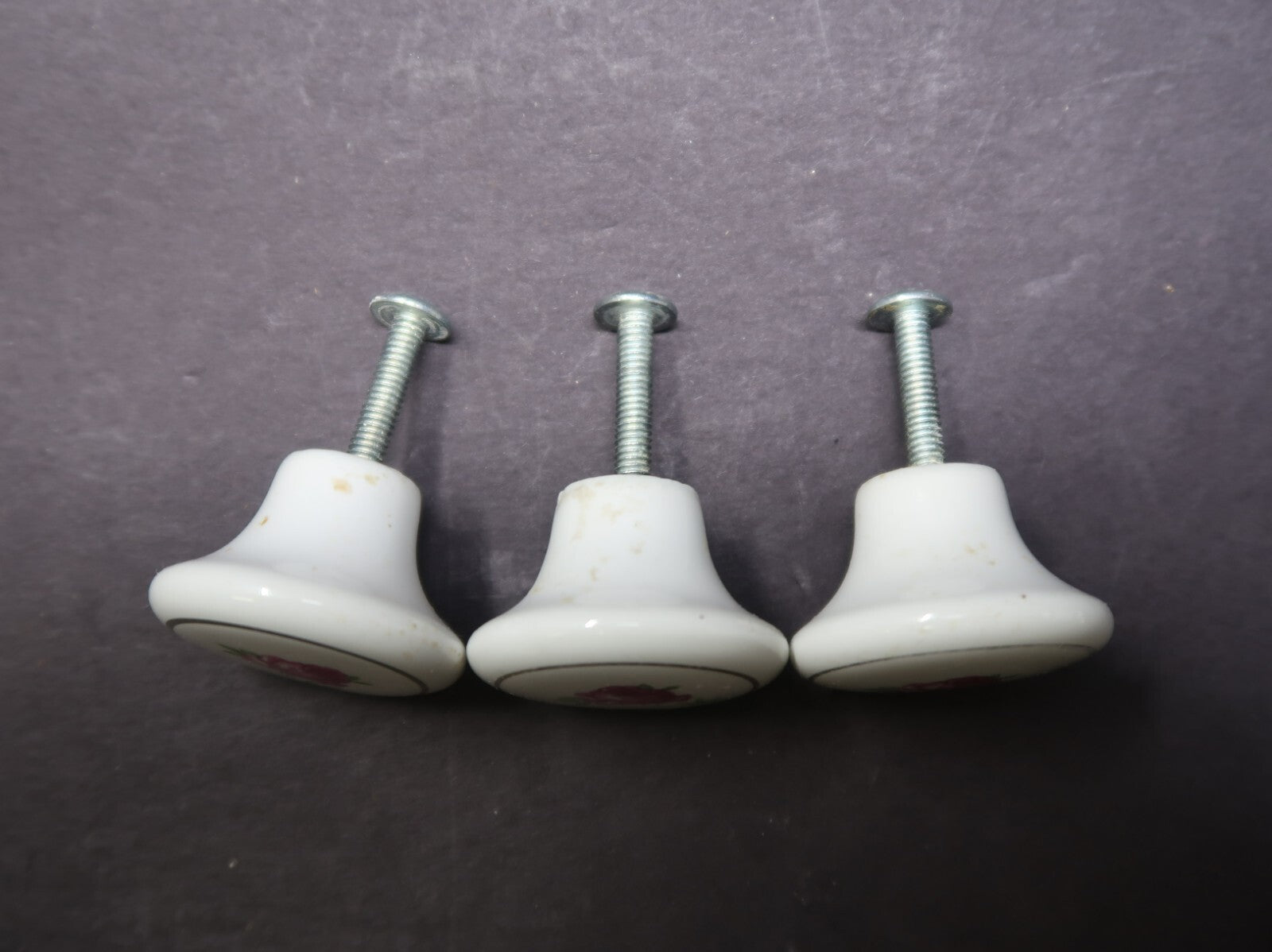 Set of 3 Vintage Round White Porcelain Cabinet Drawer Pulls Rose Japan Made (A)