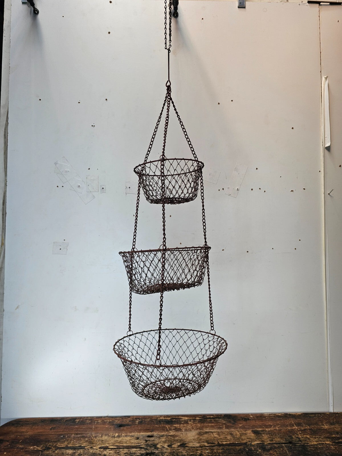 Vintage Rusty 3 Tier Metal  Wire Hanging  Basket Collapsible