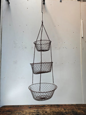 Vintage Rusty 3 Tier Metal  Wire Hanging  Basket Collapsible
