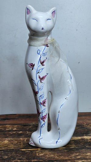 Vintage Porcelain Cat Figurine Hand-Painted Floral Signed 12" H (Has Damages)