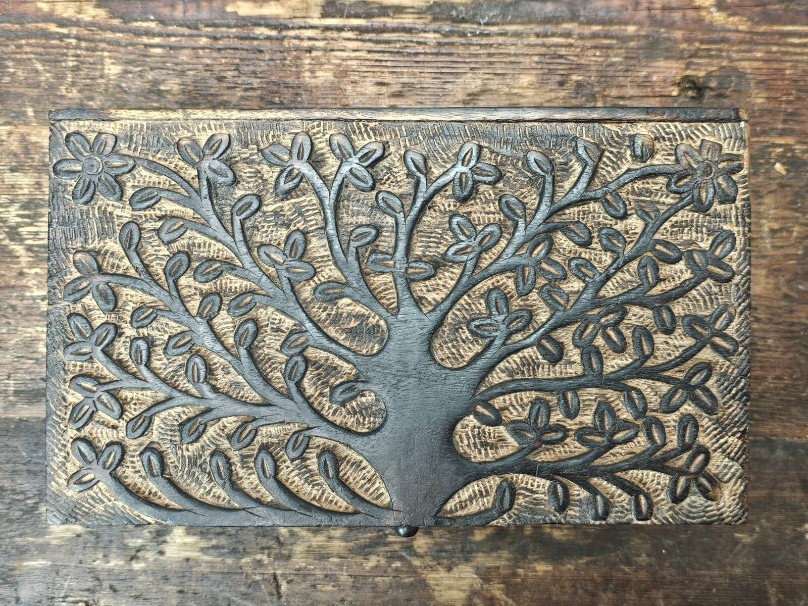 Handmade Decorative Wooden Jewelry Box Tree Of Life Carving 10"L x 6"D x 4.25"H