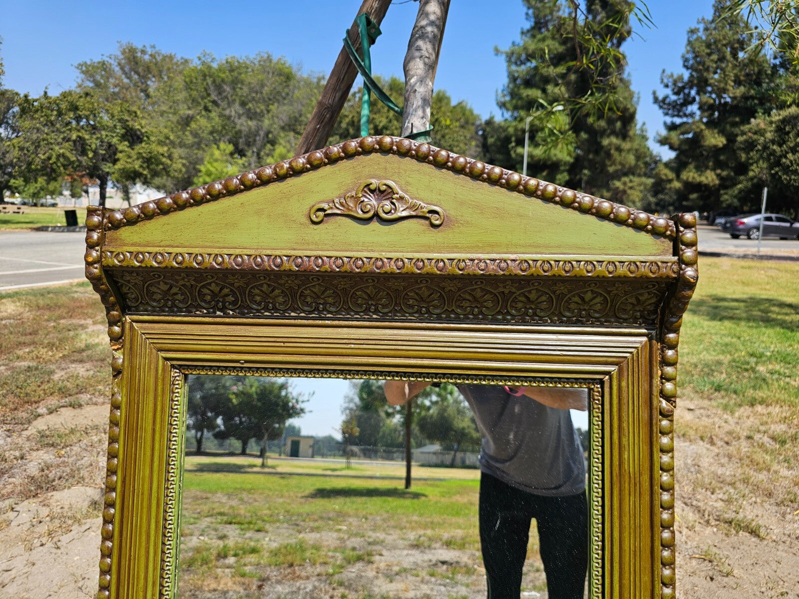 Antique Green Carved Wood Wall Mirror 54" Tall x 27.25" Wide x 4" D