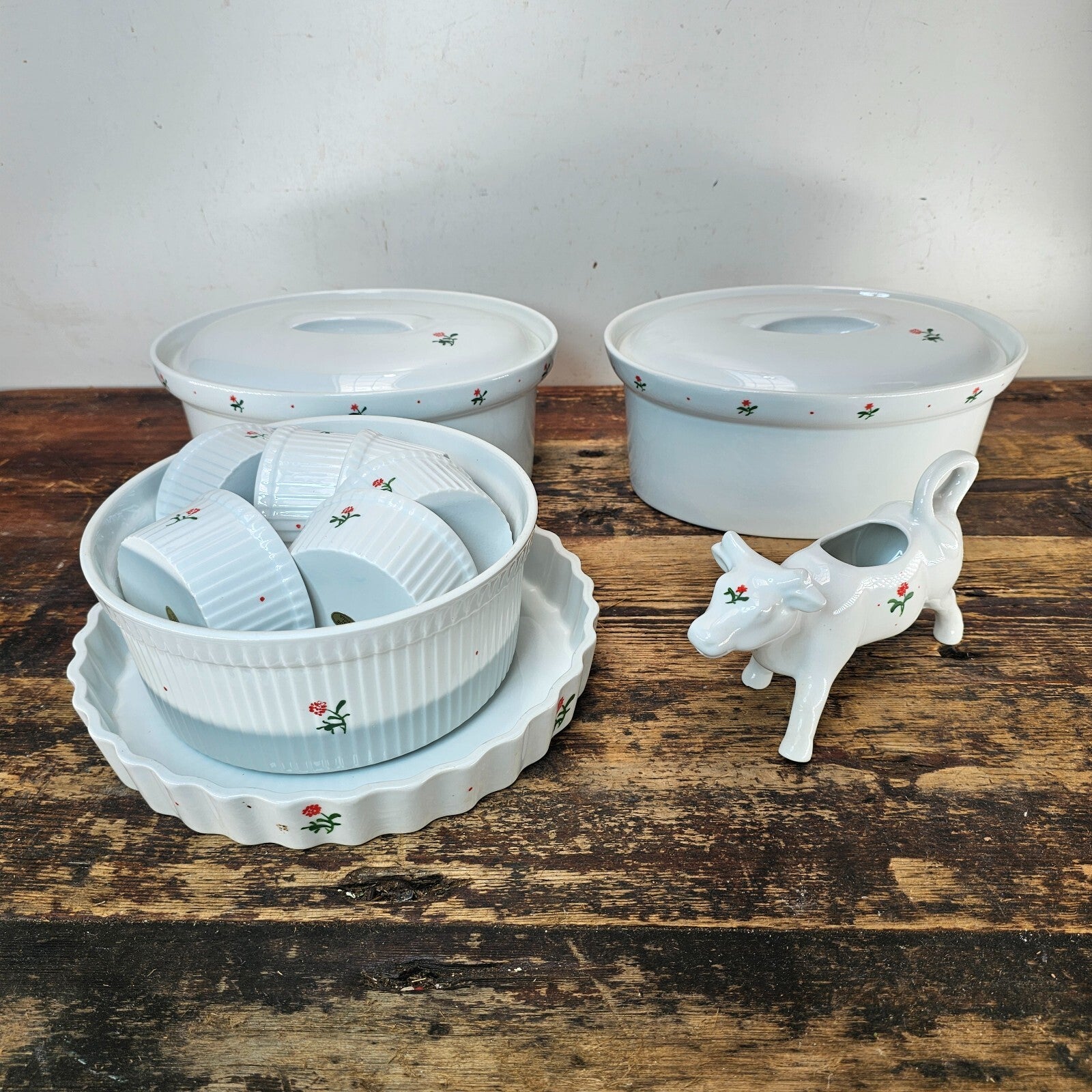 Retro Floral Kitchen Set /Creamer/Ramekins/Covered Casserole Dish/Pie Dish