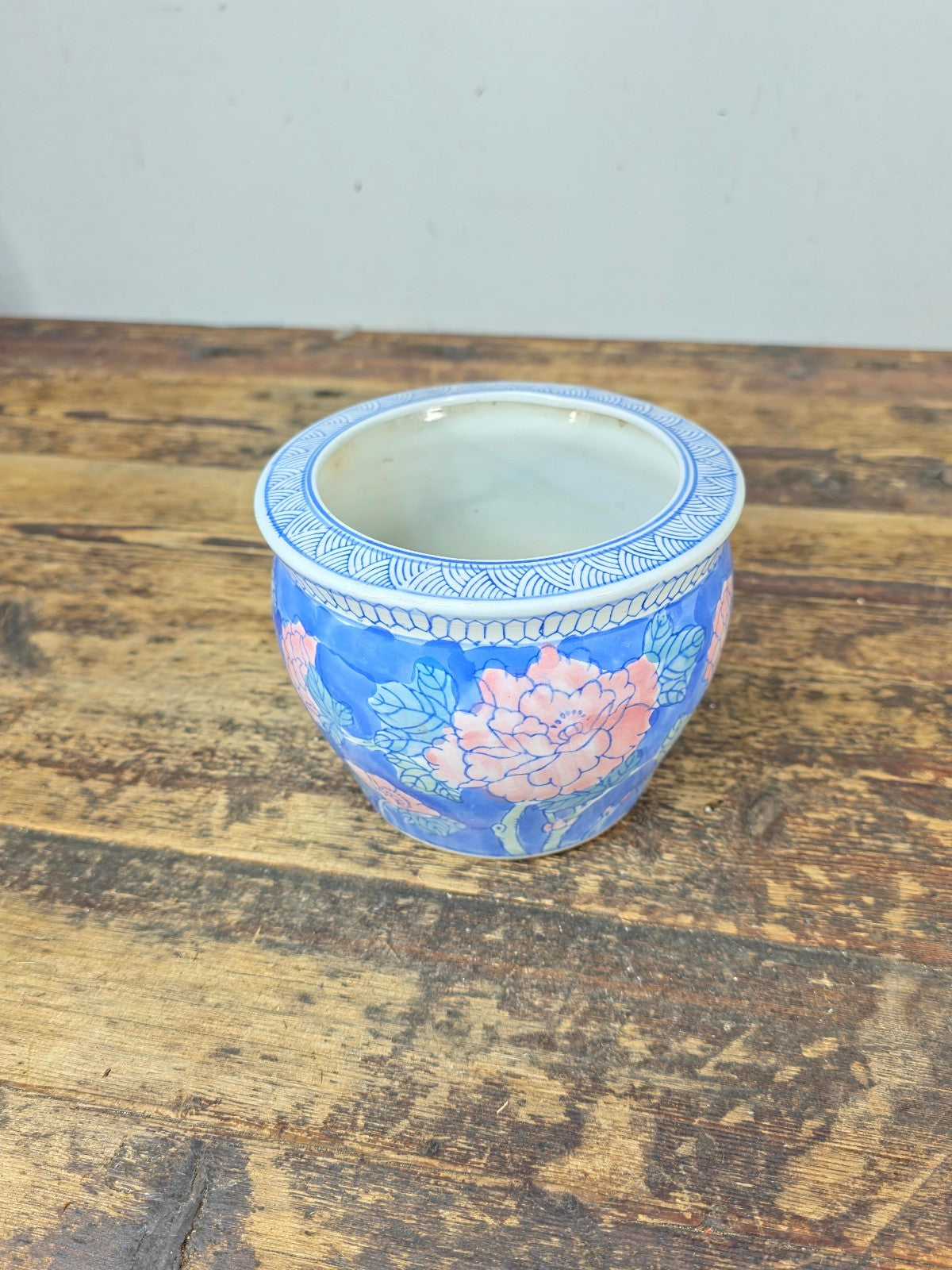 Chinese Porcelain Mini Fishbowl Planter – Blue & Pink Floral 6"Dia x 4.5"H