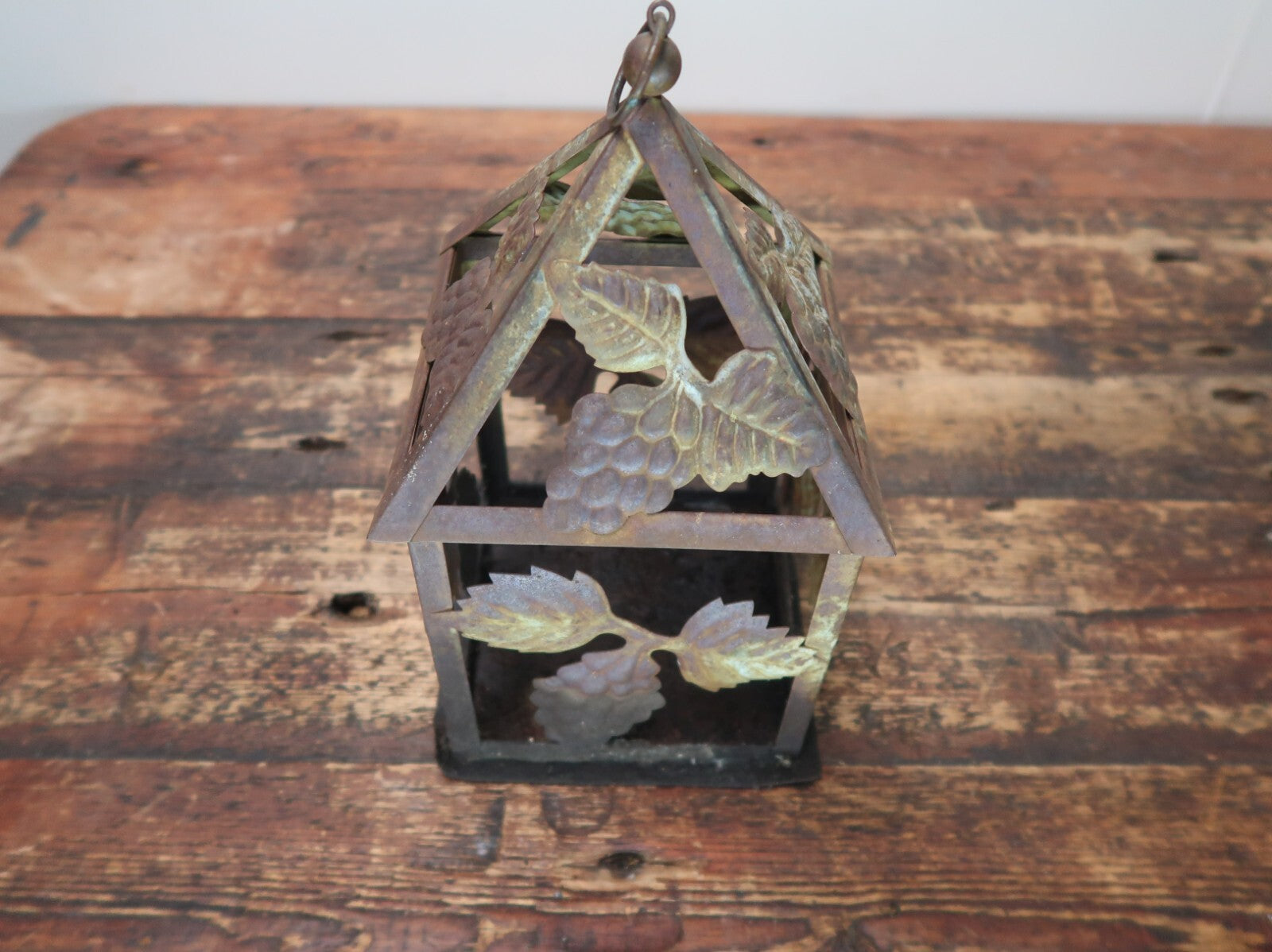 Metal Grape Motif Candle Lantern Weathered Rustic Lantern Patina 6" x 6" x H 10"