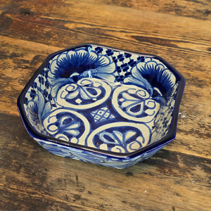 Talavera Pottery Bowl - Blue & White Octagonal Dish Signed R. VENEGAS