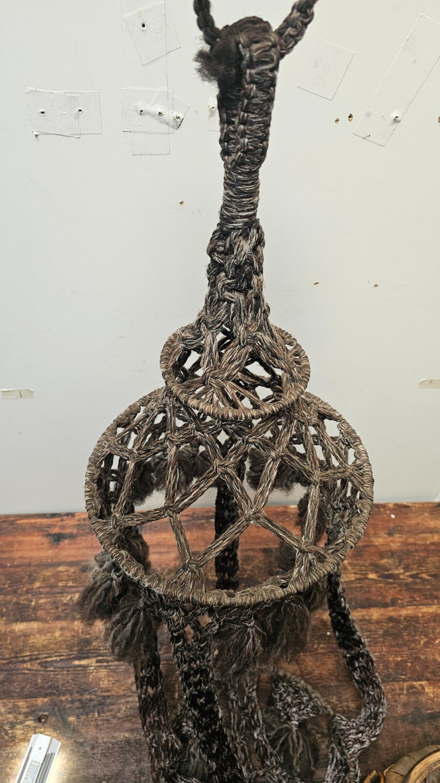 Macrame Wool Yarn Hanging Plant Holder With Ratten Bamboo Planter Boho 68" H