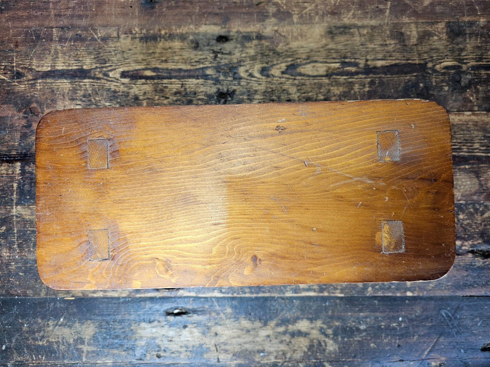 Vintage Arts and Crafts Style Handmade Vernacular Boarded Stool Signed 1970s