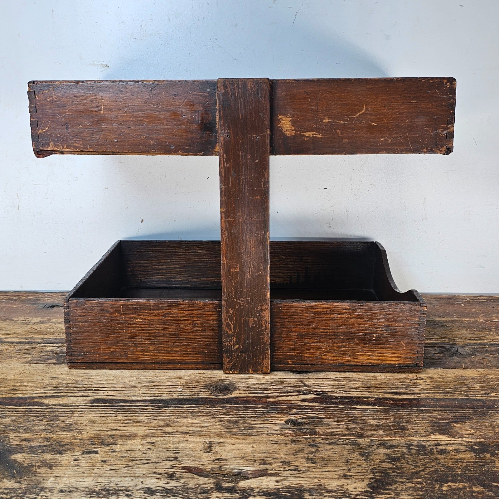 Vintage Handmade Two-Tier Wooden Paper Tray (Damaged / Sold As-Is)