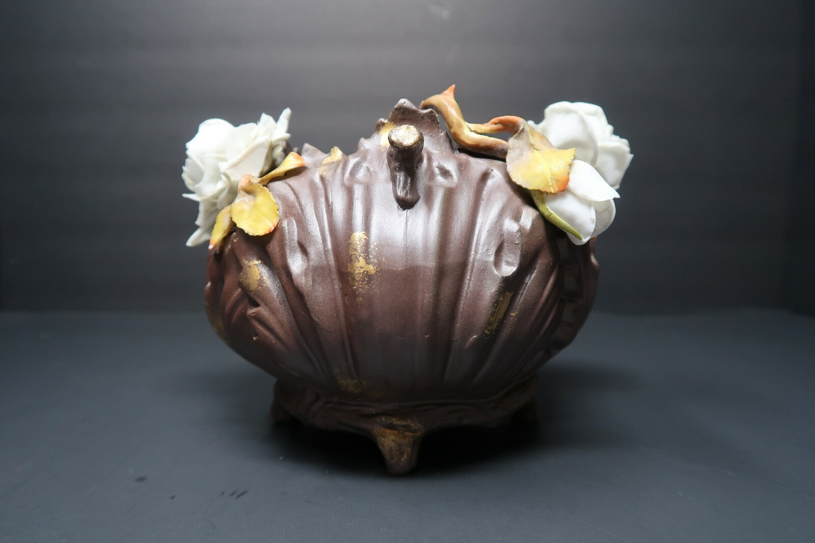 Vintage Art Pottery Basket White Roses approx H 5" x W 6"