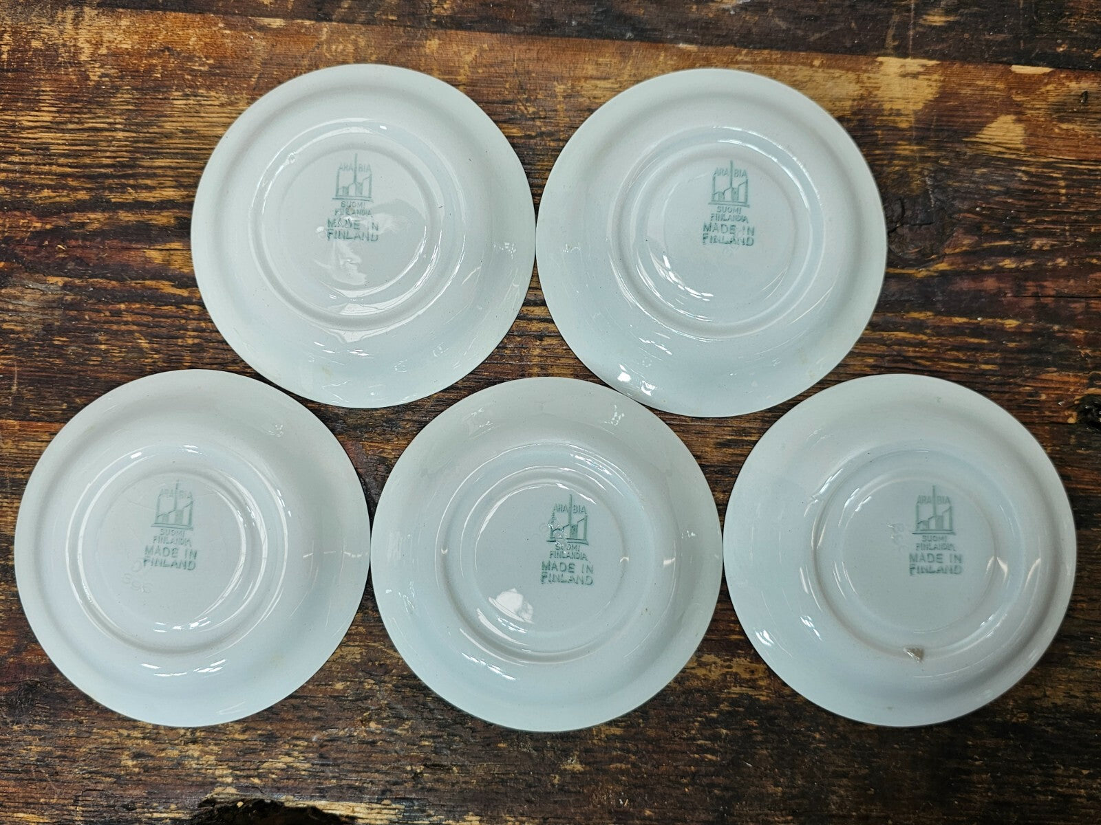 Arabia Suomi Finland Green Band Ribbons White Demitasse Cup & Saucer + Teapot