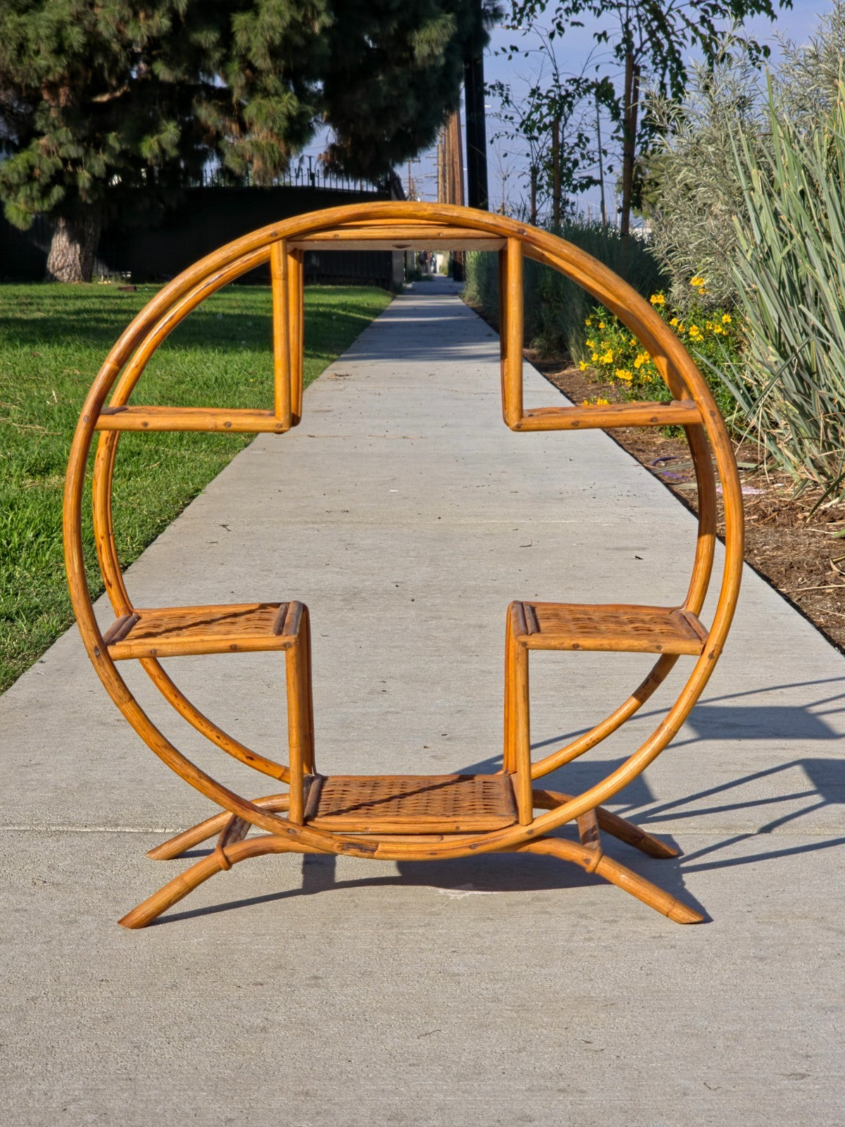 Rare 1930s-50s Boho Rattan Circle Shelf | 6-Tier Wicker Plant Stand Masterpiece
