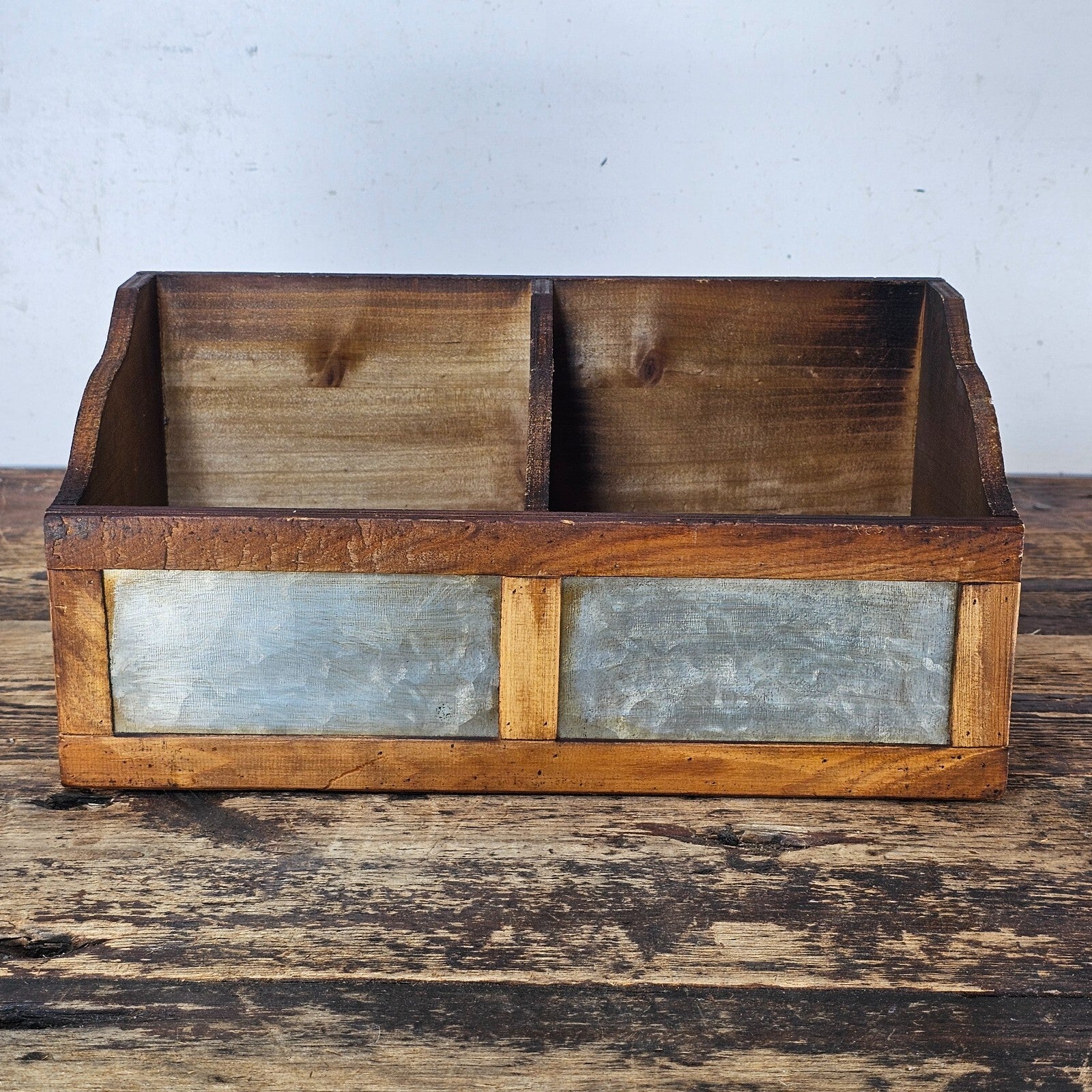 Rustic Wooden Desktop Organizer with Metal Front Panels 11"L x 5.5"D x 6.25"H