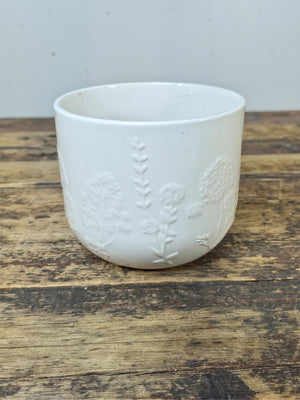 Modern White Ceramic Planter with Embossed Floral Pattern — Small, Made in USA