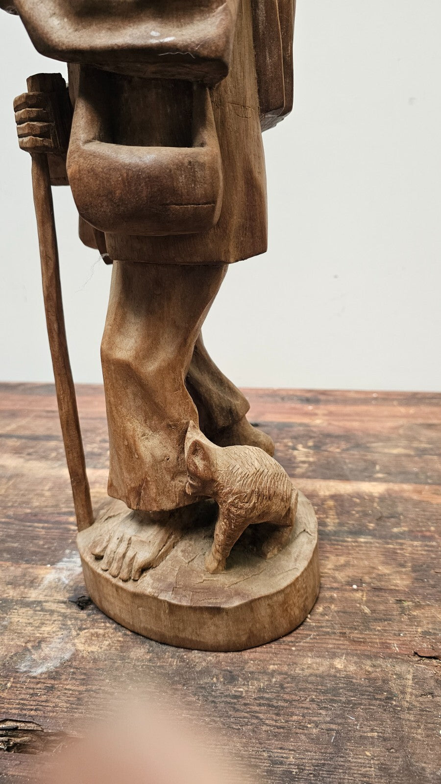 Vintage Hand Carved Solid Wood Figure Traveler With Cat Statue Vagabond 20" Tall