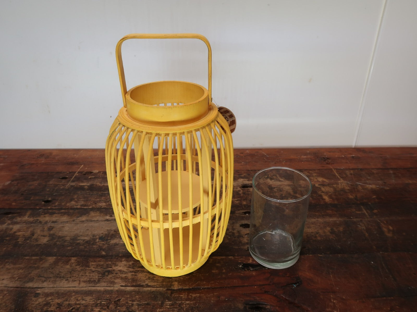 Yellow Bamboo Candle Lantern With Handle 7.5" x 7.5" x H 11.5"