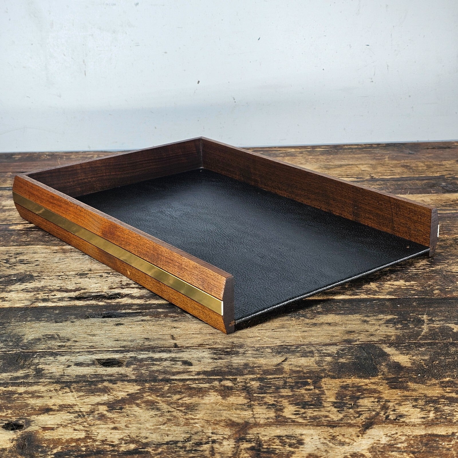 Executive Wood Desk Tray w/ Gold Metal Rim & Black Leather Style Interior