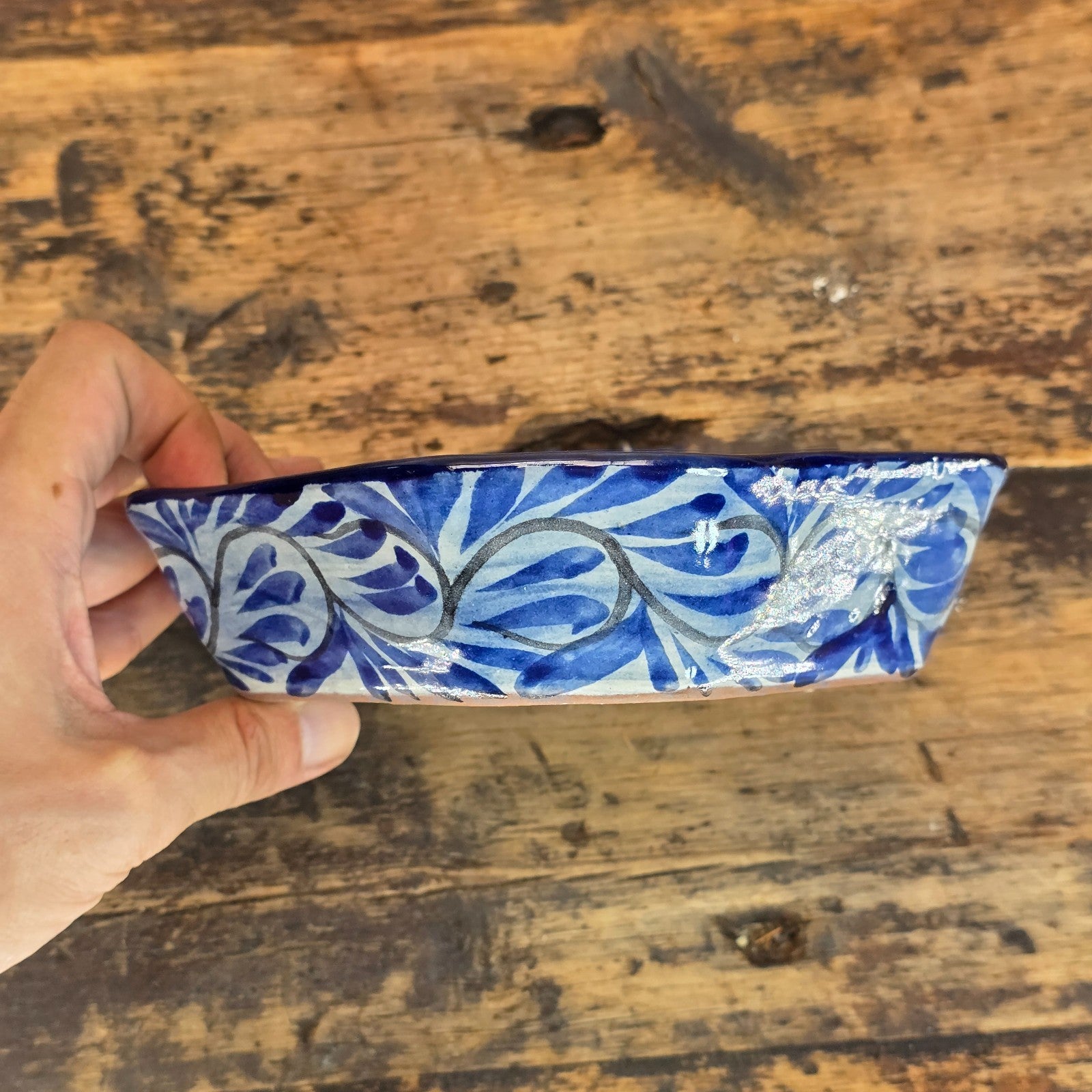 Talavera Pottery Bowl - Blue & White Octagonal Dish Signed R. VENEGAS