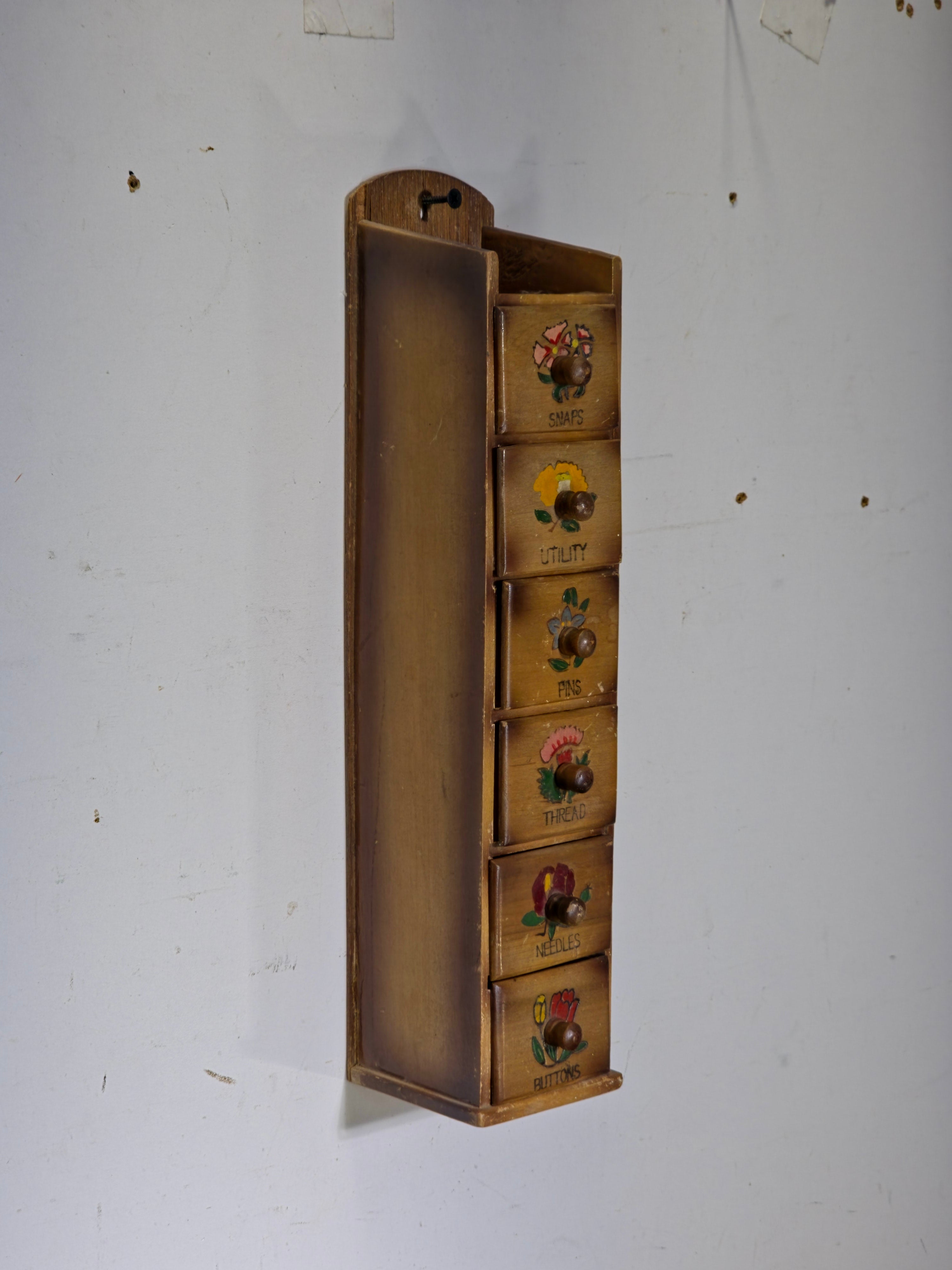 Vintage Japan Hand-Painted Wooden Sewing Cabinet - 6 Drawers Wall Mount Storage