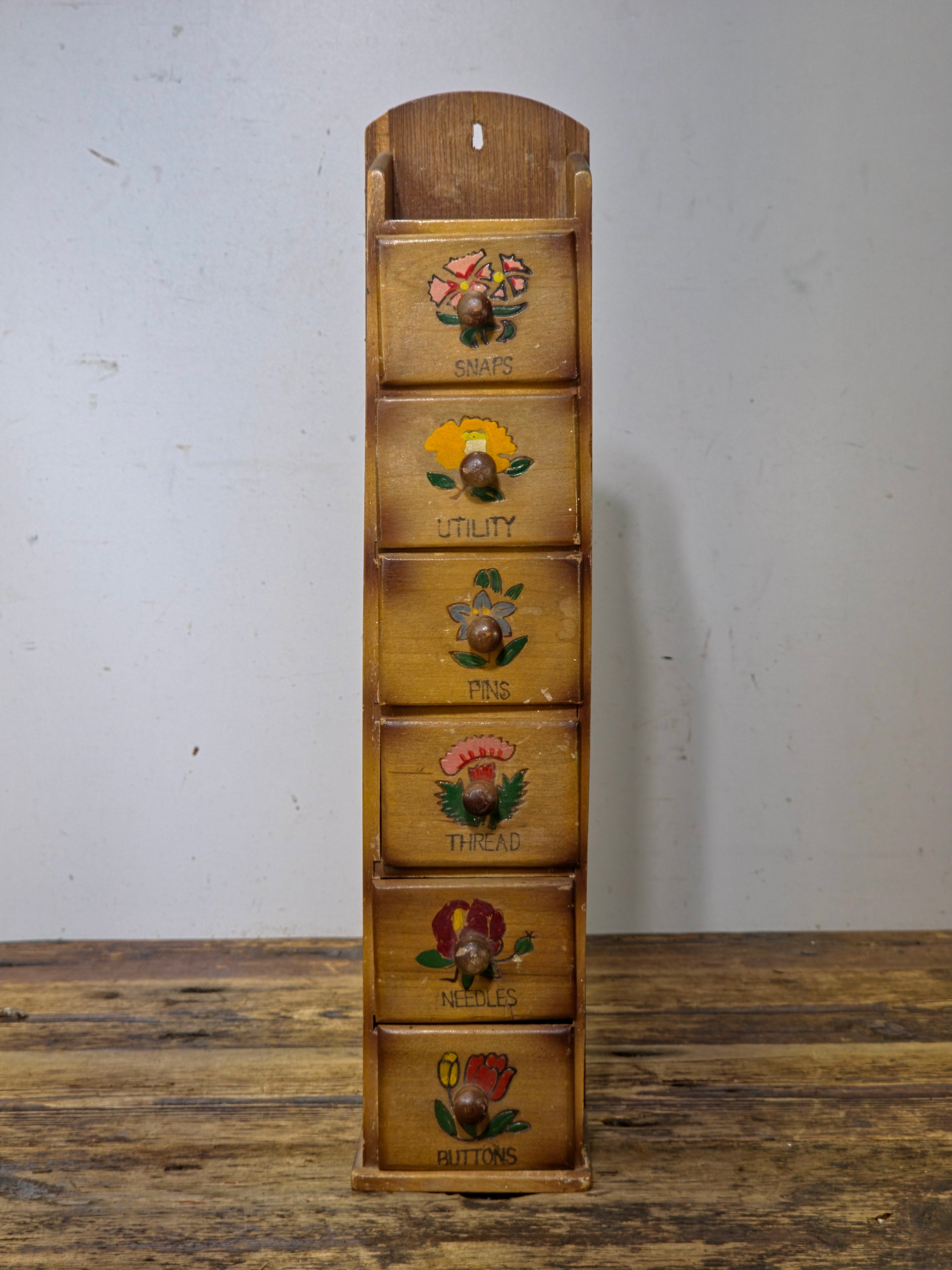 Vintage Japan Hand-Painted Wooden Sewing Cabinet - 6 Drawers Wall Mount Storage